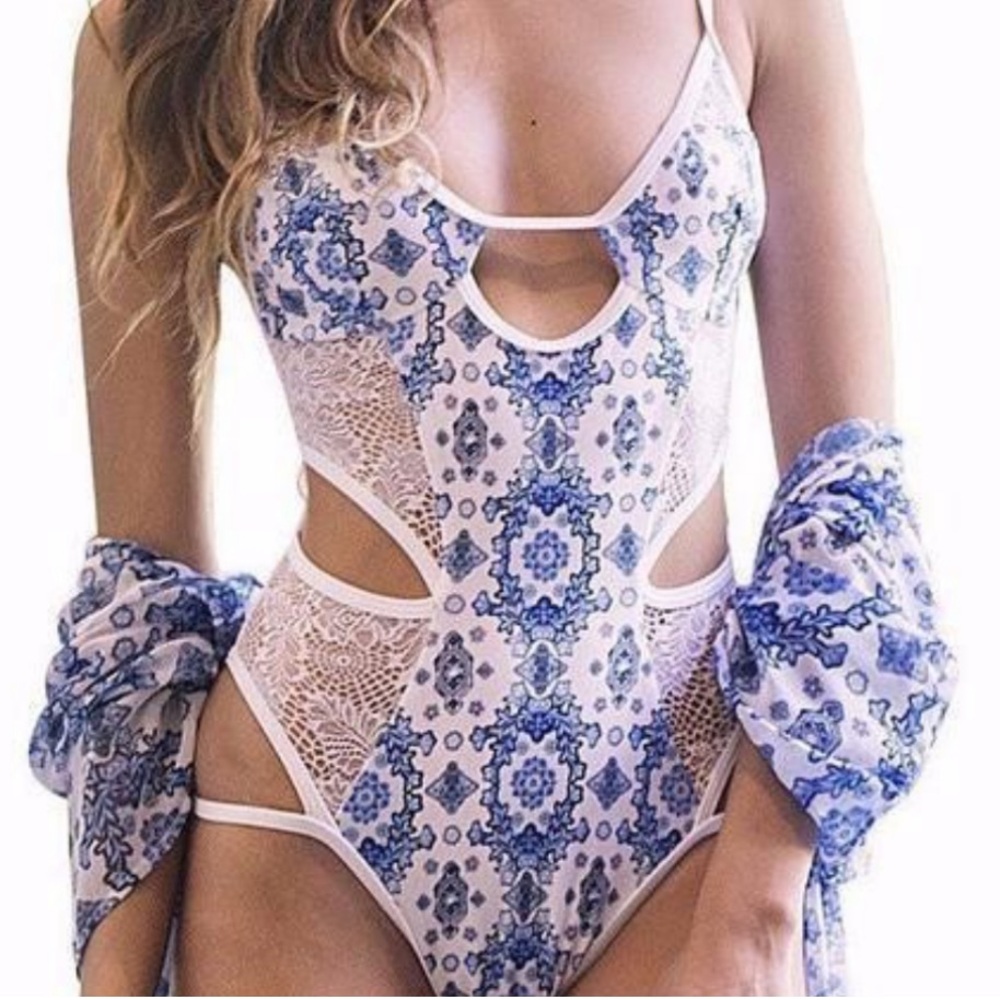 Blue Porcelain Bikini Monokini Swimsuit